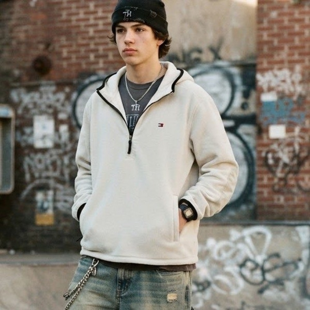 Tommy Hilfiger‎ Fleece Hoodie Mens XL Cream Quarter Zip Vintage Y2K Gorpcore Top